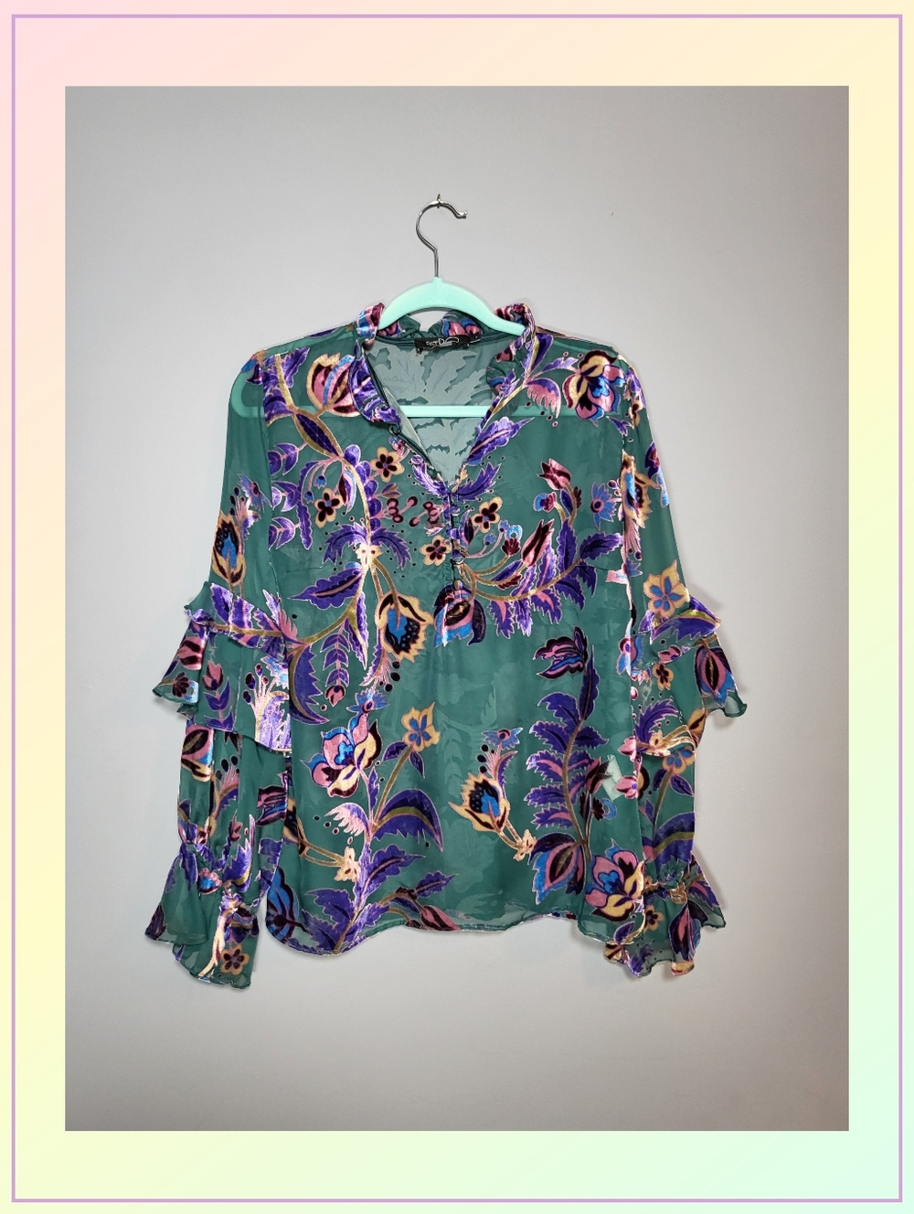 PatBo Sz Large Designer Sheer And Velvet Floral V-Neck Ruffle Sleeve Blouse